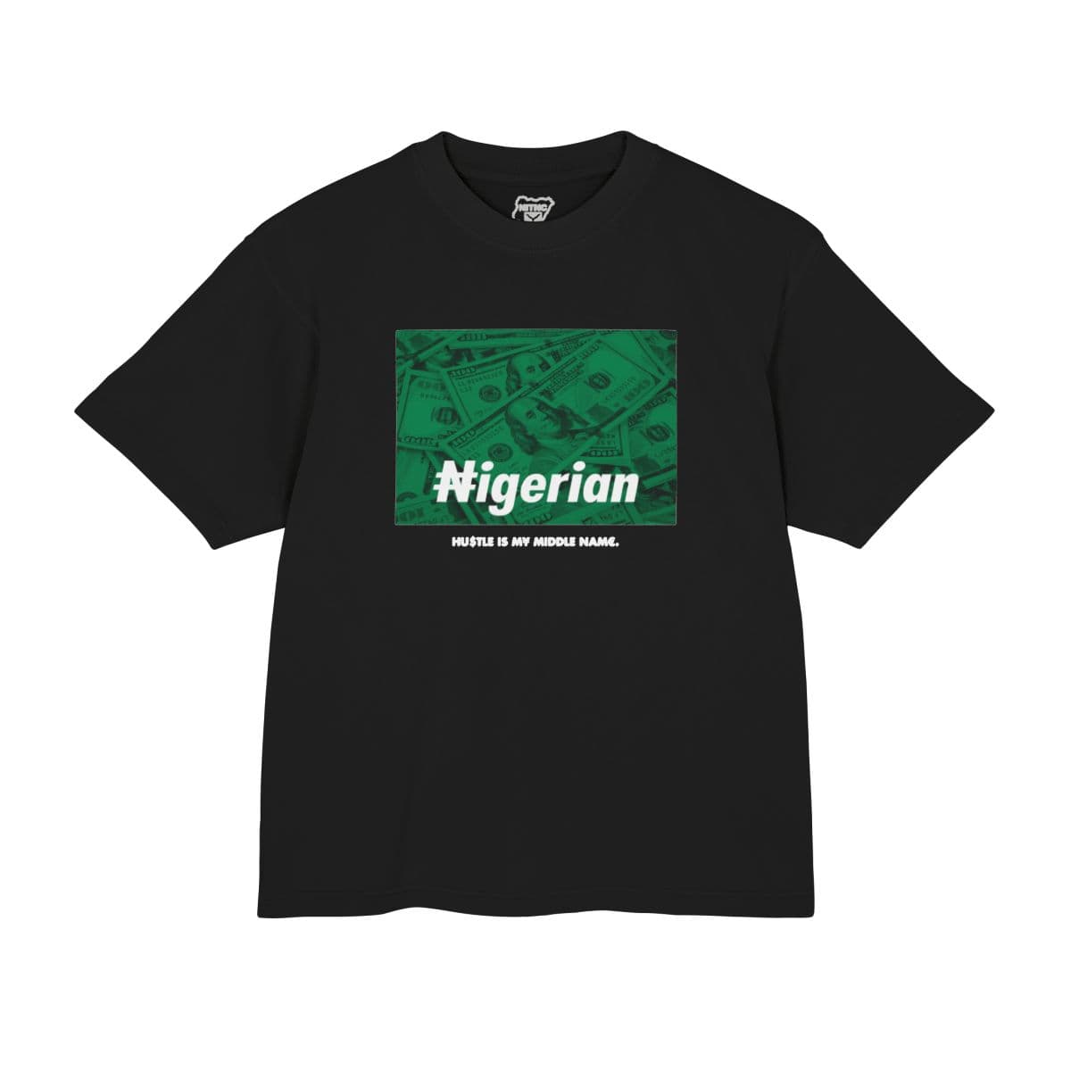 Hustle Tee production mockup on a black tee